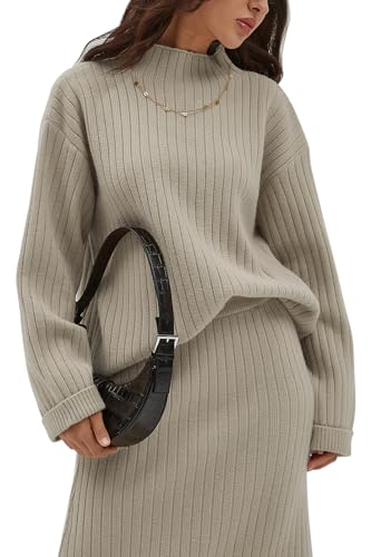 CHYRII Womens Fashion Two Piece Outfits Mock Neck Oversized Sweater Tops Skirt Sets Sweater Dress Lounge Sets Beige XS