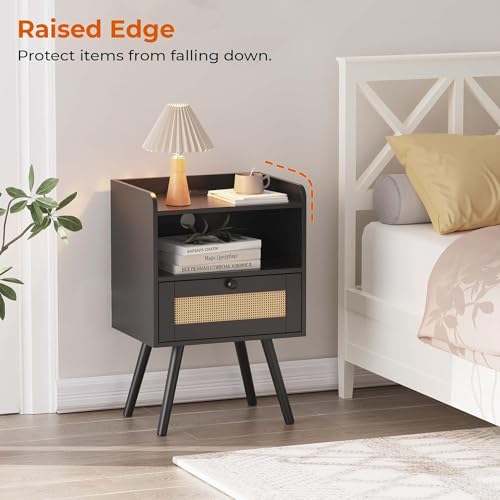 SUPERJARE Nightstand with Charging Station & Rattan-Like Decor Drawer, Rattan End Table with Solid Wood Feet, Bed Side Table with Open Storage, for Bedroom, Living Room, Dormitory - Black - 8021BC