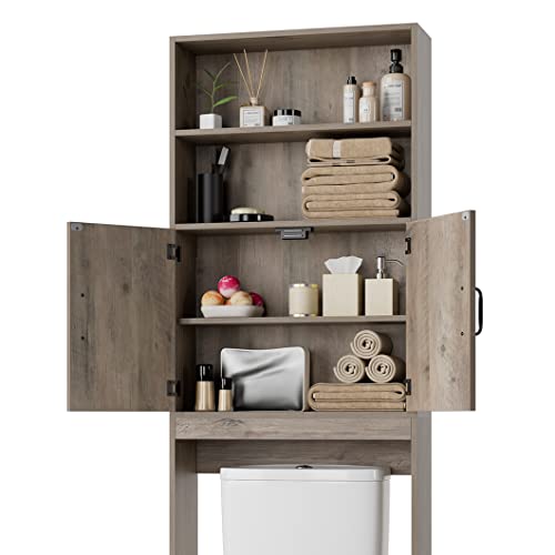 HOSTACK Over The Toilet Storage, Double Door Bathroom Organizer Toilet Cabinet, Freestanding Above Toilet Rack with Open Shelves and Adjustable Bottom Bar, 76.8 in H, White