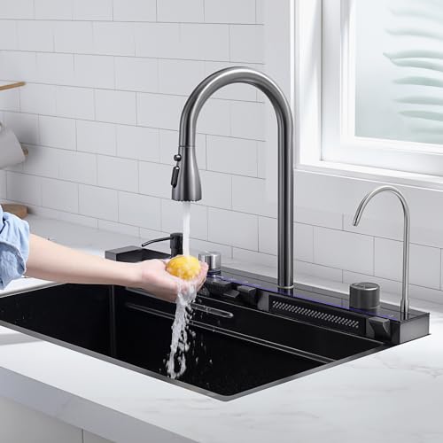 Lefton 29.5"x 18.25" 304 Stainless Steel Kitchen Workstation Sink with Pull-down Faucet, Waterfall & Rainfall Outlet, Temperature Display in Tempered Glass, Grey, KS2206