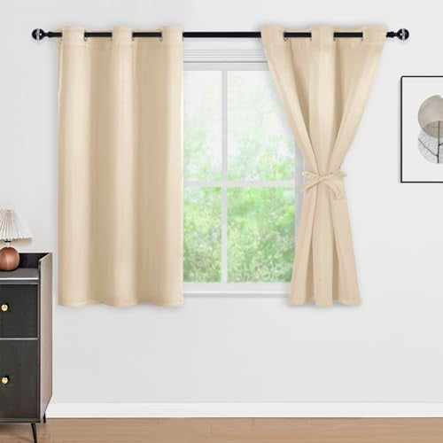 DWCN 100% Beige Blackout Curtains 84 Inches Long for Bedroom with Black Liner, Double Layer Thermal Insulated Room Darkening Window Curtain Panels with Tiebacks for Nursery Room W52 x L84, 2 Panels