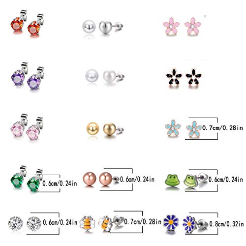 30 Pairs Stainless Steel Mixed Color Cute Animals Fox Heart Star Ladybug Bee Frog Mushroom Tree Daisy Umbrella Rose Gold White Pearl CZ Jewelry Stud Earrings Set (animal tree pearl)