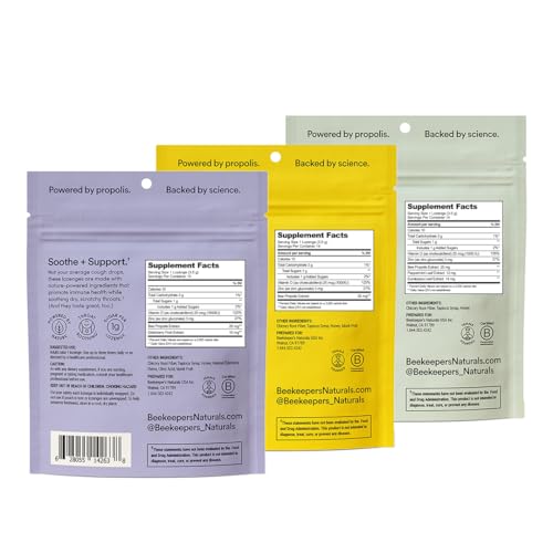 Beekeeper's Naturals Soothing Honey Cough Drops 3 Flavors Pack,Honey,Peppermint & Elderberry Sore Throat Relief Soothing Lozenges with Zinc,Propolis & Vitamin D,42 Ct