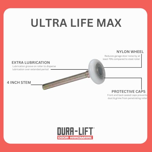 DURA-LIFT Ultra-Life MAX 2" Sealed 6200ZZ Bearing Nylon Garage Door Roller, 4" Stem, Pack of 10