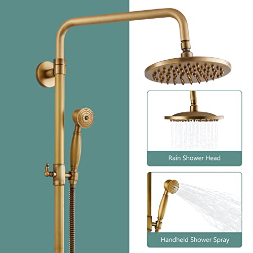 Dual Functions Exposed Pipe Shower System Round 8 Inch Rainfall Shower Head Brass Fixture Combo Set Two Handles Bathroom Shower Faucet Adjustable Showerhead Bar,Antique Brass