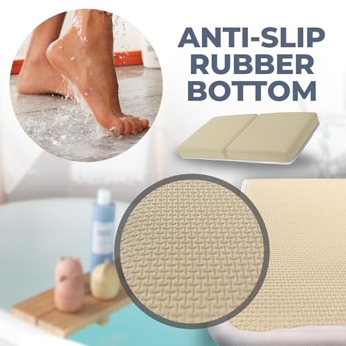 Toodly Baby Bath Kneeler and Elbow Rest Pad Set - Baby Bath Support for Knees and Elbows - Bath Kneeler Pad with Memory Foam and Bath Toys Organizer - Ideal Bath Kneeling Pad for Bathing Baby - Beige