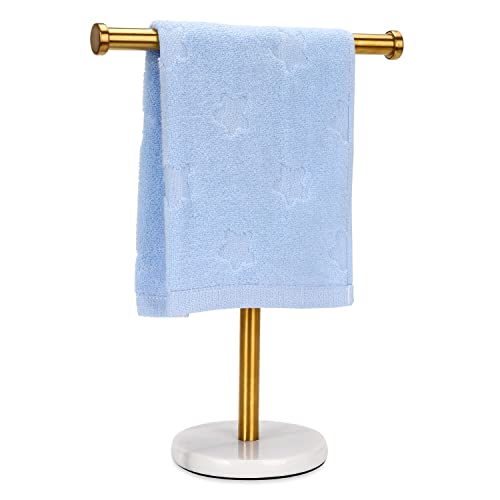 Kalitro Towel Rack with Natural Marble Base T-Shape Hand Towel Holder Stand SUS304 Stainless Steel for Bathroom Vanity Countertop Brushed Nickel Finish (Gold)