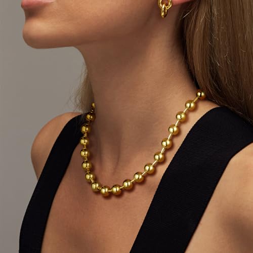KissYan Gold Beaded Necklace for Women, 14K Gold Plated Adjustable High-Polished Basic Metal Ball Bead Chain Choker Necklace Minimalist Fashion Jewelry Gifts (Huge)