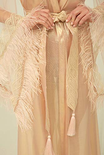 AWAYTR Ostrich Feather Trim Fringe - Satin Ribbon Dress Sewing Crafts Costumes Decoration Pack of 2 Yards (Beige)