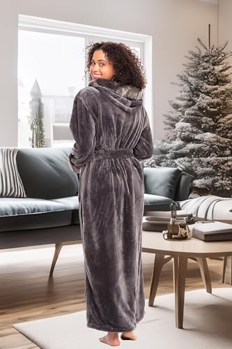 Alexander Del Rossa Women's Faux Fur Feather Hooded Robe, Soft Plush Fleece Bathrobe with Hood Steel Gray Small (A0296STLSM)