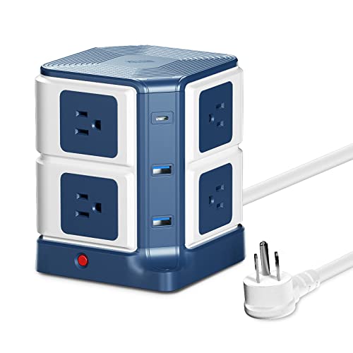 Power Strip Tower with PD20W USB C, BESTEK 8-Outlet and USB Charging Ports 2100 Joules Surge Protector, 5 Feet Extension Cord Flat Plug, ETL Listed