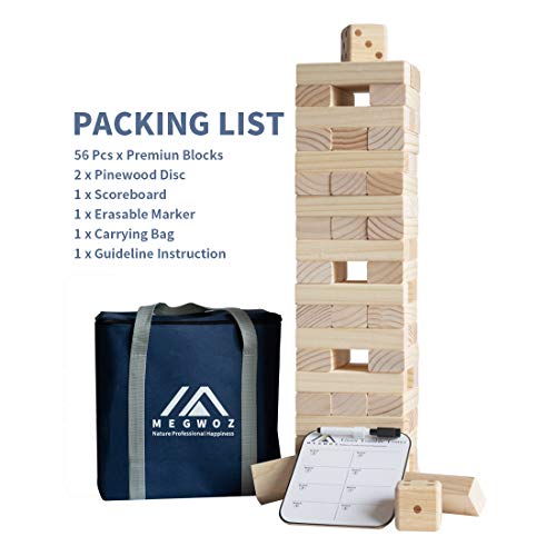 Megwoz Giant Tumble Tower Outdoor Games 57 Blocks Yard Games Stacking Games Includes 2 Dices Carrying Bag Scoreboard Stacking from 2Ft to Over 4.2Ft Outdoor Games for Adult and Family