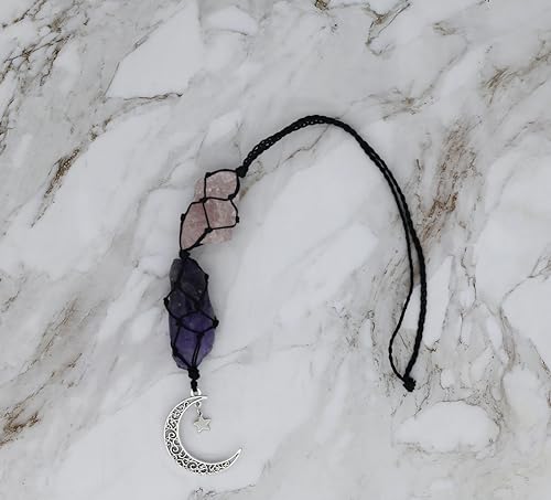 BOHO GARDEN Hanging Car Charm - Black Tourmaline & Carnelian - Dangling Moon, Healing Crystal Accessories, Rearview Mirror Decorations - Grounding, Confidence, Protection, Transformation, Joy, Energy