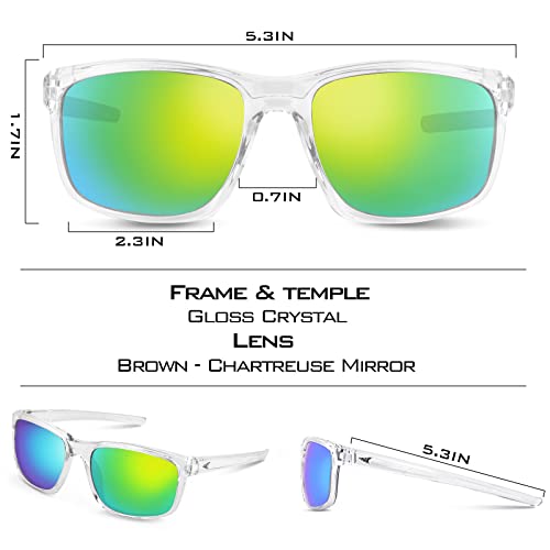 KastKing Toccoa Polarized Sport Sunglasses for Men and Women, Gloss Crystal Frame, Brown Base Green Mirror