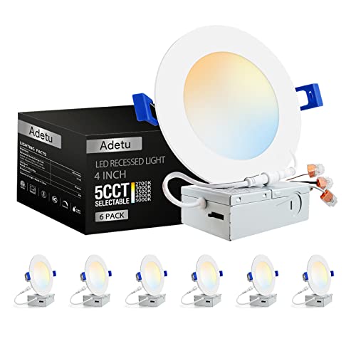 Adetu 6 Pack 4 Inch 5CCT Ultra-Thin LED Recessed Ceiling Light with Junction Box,Dimmable Canless Wafer Downlight,2700K-5000K Selectable,9W Eqv 80W,810LM High Brightness,ETL Certified