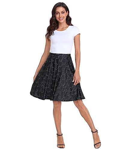 HDE Skirts for Women - Midi Skirt Skater Skirt Knee Length High Waist Fun Prints Witch Spells - M