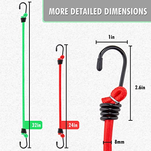 Cartman 8mm 16Pack Bungee Cords, 6pcs 32"& 10pcs 24" with Steel Hook
