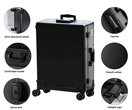 Kemier Makeup Case,Professional Artist Studio Cosmetic Train Table w/4 Rolling Wheels & Lights & Mirror,Pro Makeup Station,Cover Board and Easy Clean Extendable Trays,Adjustable Legs,Sturdy (Black)