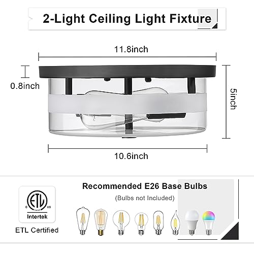 Flush Mount Ceiling Light with Clear Glass Shade, 2-Light Indoor Outdoor Farmhouse Lighting Flush Mount Lights for Kitchen Bedroom Porch Living Dining Room