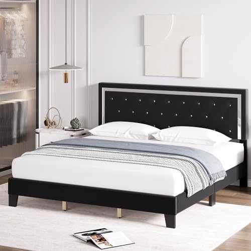 HITHOS King Bed Frame, Upholstered Platform Bed Frame with Modern Adjustable Headboard, Diamond Tufted Mattress Foundation with Wooden Slat Support, No Box Spring Needed, Easy Assembly (King, Black)