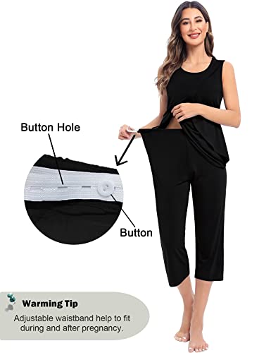 SWOMOG Women's Maternity Pajama Sets Sleeveless Pregnancy Pj Set Nursing Breastfeeding Sleepwear Set Adjustable Waistband Black