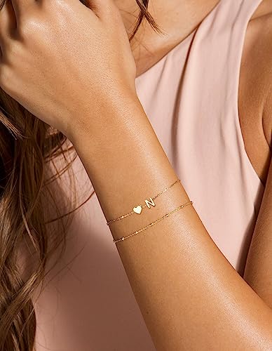 DEARMAY Dainty Initial Heart Gold Bracelets for Women Trendy, 14K Real Gold Letter Charm Bracelet Jewelry Cute Simple Fashion Chain Bracelets for Women Gift L