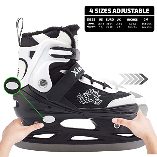 Xino Sports Adjustable Ice Skates - Faux Fur Padding, Reinforced Ankle Support, Fun Ice Skates for Beginners and Kids, Great for Indoor and Outdoor Skating (Black, Small Junior 13-3)