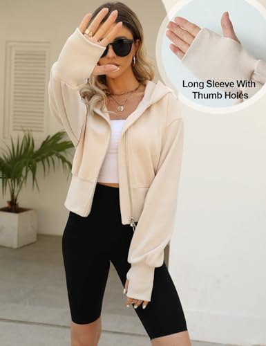 Arssm Cropped Hoodie Women Long Sleeve Sweatshirts Casual Fashion Hooded Zip up Workout Jacket with Thumb Holes (Beige-XS)