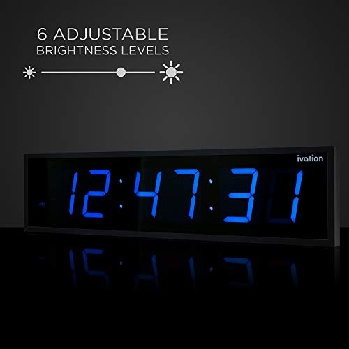 Ivation Large Digital Wall Clock - Big LED Digital Clock w/Large Display Shelf or Wall Mount (24 Inch - Blue) Battery Backup | 6 Brightness Levels | Remote, Mounting Holes & Hardware