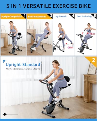 LINBOLUSA Indoor Exercise Bike for Seniors, 5 IN 1 Foldable Stationary Bike with 16-Level Magnetic Resistance and Tri-Position Ride, 330LBS Capacity, 6.6 LBS Flywheel, Designed for Home Workout 818 Gray