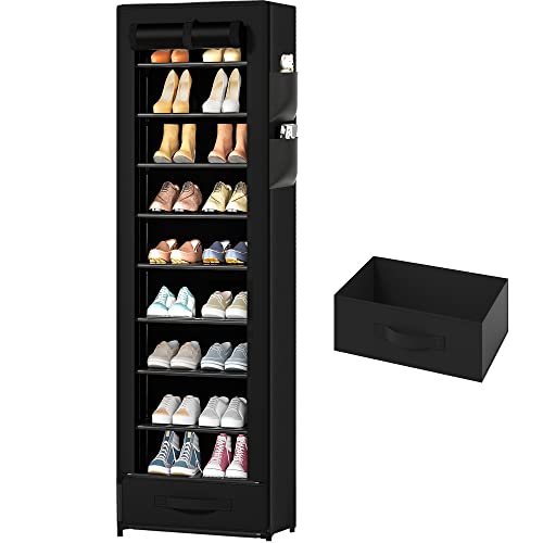 OYREL Shoes Rack 10 Tier Tall Shoe Rack Narrow Shoe Rack with Storage Box,Fabric Covered Shoe Rack,Metal Shoe Rack Organizer,Shoe Racks for Closets,Stackable Shoe Rack,Shoe Stand,Shoe Shelf Storage