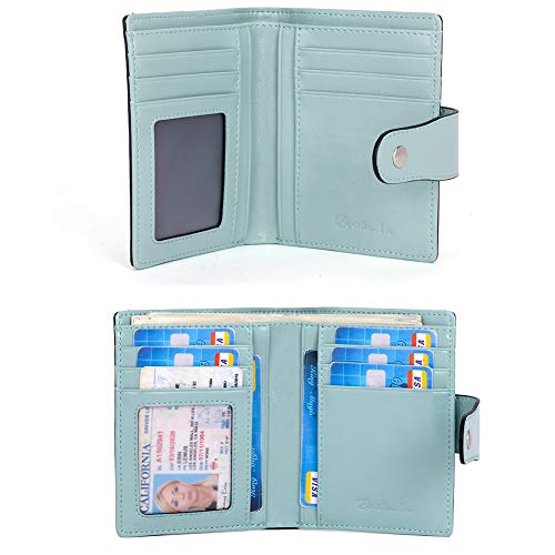 BOSTANTEN Women Leather Wallet RFID Blocking Small Bifold Zipper Pocket Wallet Card Case Purse with ID Window Blue