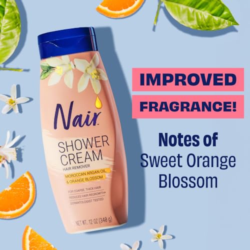 NAIR Shower Cream Hair Remover with Moroccan Argan Oil and Orange Blossom, Body Hair Removal Cream for Women, 12 oz