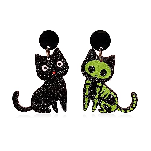 GBAHFY Asymmetric Creative Cute Acrylic Black White Cat Skull Dangle Earrings Acrylic Earrings Animal Lovely Women Jewelry Halloween (Cat - A)