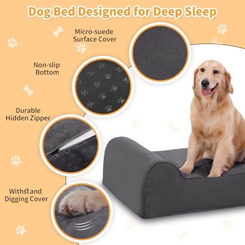 Rainmr 7 inch Orthopedic Dog Bed for Large Dogs - Chew-Resistant & Washable Microsuede Cover/Waterproof Inner Case - with 4 inch Headrest Memory Foam Dog Bed (Large, Grey)