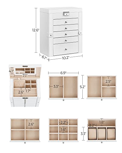 SONGMICS 6 Tier Jewelry Box, Jewelry Case with 5 Drawers, Large Storage Capacity, with Mirror, Lockable, Jewelry Storage Organizer, Mother's Day Gifts, For Watches, White UJBC152W01