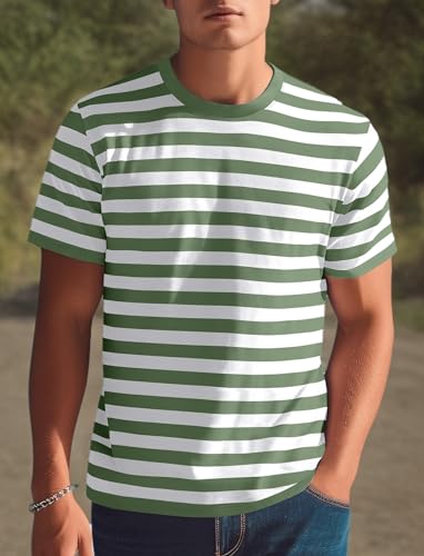 Zengjo Mens Striped T Shirt Crew Neck Short Sleeve(Red White,XXL)