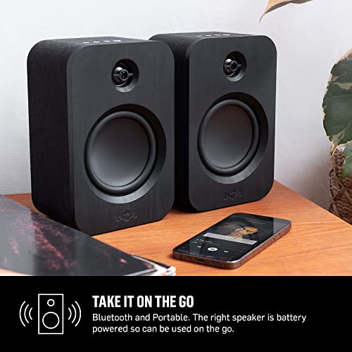 House of Marley Get Together Duo Bluetooth Bookshelf Speakers - Sustainably Crafted, Wireless Turntable Speakers, Mains Powered or 25 Hours Battery Life, AUX in - Amazon Exclusive Black Edition