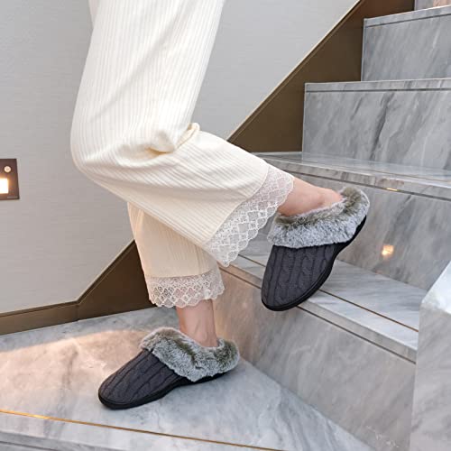 Parlovable Women's Fuzzy House Slippers Warm Soft Memory Foam Bedroom Shoes Slip on Cable Knit Rubber Sole Indoor Grey 7-8