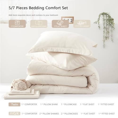 UNILIBRA Twin Comforter Set 5 Pieces - Beige Bed in a Bag Twin Size Soft for All Seasons - Cationic Dyeing Bedding Comforter Sets with Comforter, Flat Sheet, Fitted Sheet, Pillowcases & Shams