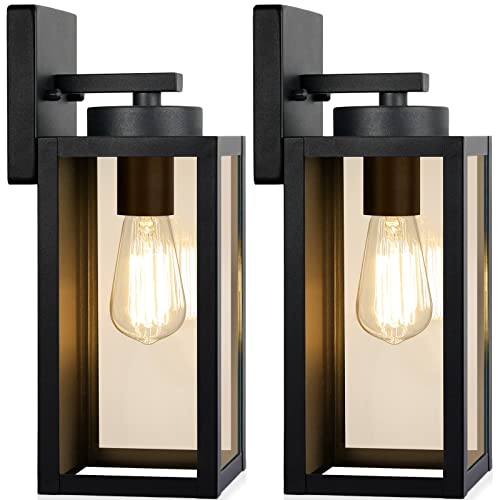 Outdoor Wall Light Fixtures, Exterior Waterproof Wall Lanterns, Bronze Porch Sconces Wall Mounted Lighting with E26 Sockets & Glass Shades, Modern Wall Lamps for Patio Front Door Entryway, 2-Pack
