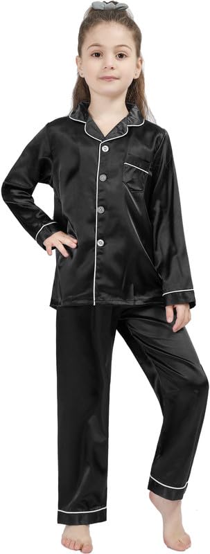 DF-deals Girls Boys Kids Silk Satin Pajamas Set Button-Down Clothes Long Sleeve Loungewear Sleepwear PJS Rose 140