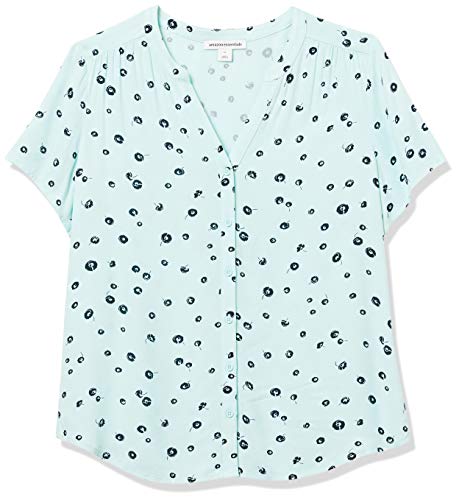 Amazon Essentials Women's Relaxed-Fit Short-Sleeve Woven Blouse, Aqua Blue Poppy, X-Small