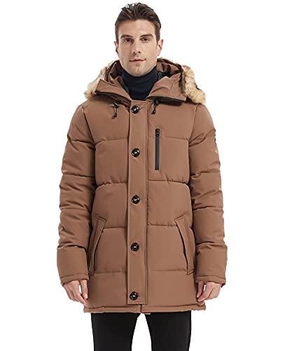 PUREMSX Winter Jacket for Men, Winter Warm Thick Windproof Puffer Outdoor Hiking Snow Padded Coat Clearanc,Camel,X-Small