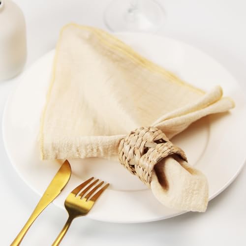 Dololoo Handmade Gauze Napkins 16.5x16.5 Inches 100% Cotton Cloth Napkins, Set of 4 Versatile Handmade Square Rustic Fringe Napkins for Dinner, Wedding and Parties, Beige