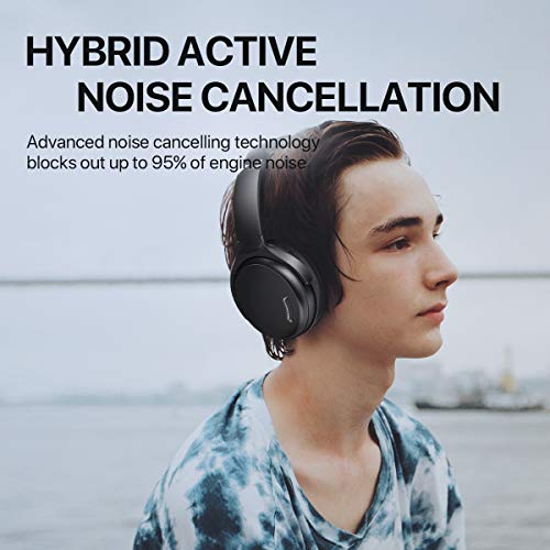 HROEENOI Active Noise Cancelling Headphones, JZ02 Bluetooth Headphones, Wireless Over Ear Headphones with CVC 8.0 Microphone Deep Bass Headset, 40 Hours Playtime for Travel Work TV Phone - Black