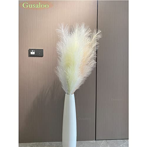 Artificial Faux Pampas Grass Large, 47"/120cm Bundle of 3 Fake Artificial Pampas Grass Decor Tall Fluffy Stems, Floor Vase Filler for Living Room Kitchen Decor Boho Decor Wedding -Lightbrown