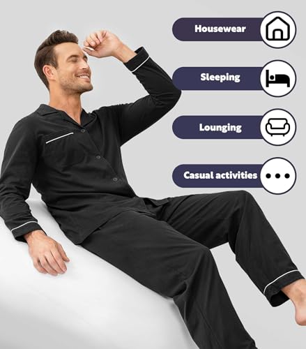DAVID ARCHY Mens Pajamas Set Soft Cotton Notched Collar Pajamas for Men Long Sleeve Mens Sleepwear with Pockets & Front Fly (S, Black)