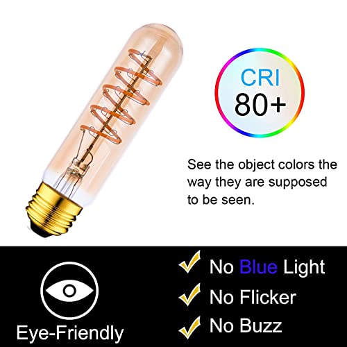 T10 LED Bulbs 40 Watt Equivalent 4W Dimmable Edison Tubular Light Bulb E26 Medium Base 2700K Warm White, T10 Vintage Amber Glass Spiral Filament LED Light Bulb, 2 Pack