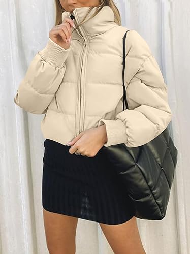 MEROKEETY Women's Winter Cropped Puffer Jacket Long Sleeve Oversized Stand Collar Zip-Up Short Down Coat
